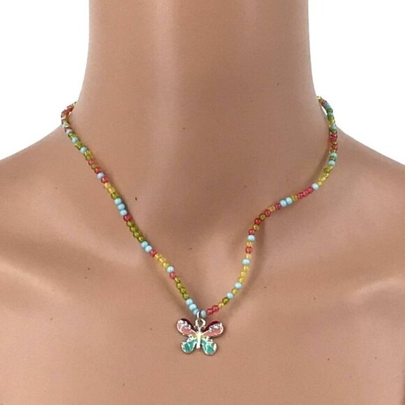 Claires Butterfly Necklace Colorful Green Blue Pink Beaded Rhinestone Inlay Adju - Picture 1 of 2